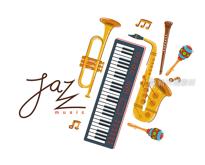 Jazz music band poster vector flat illustration, live sound festival or concert advertising flyer or banner, play different instruments orchestra.
